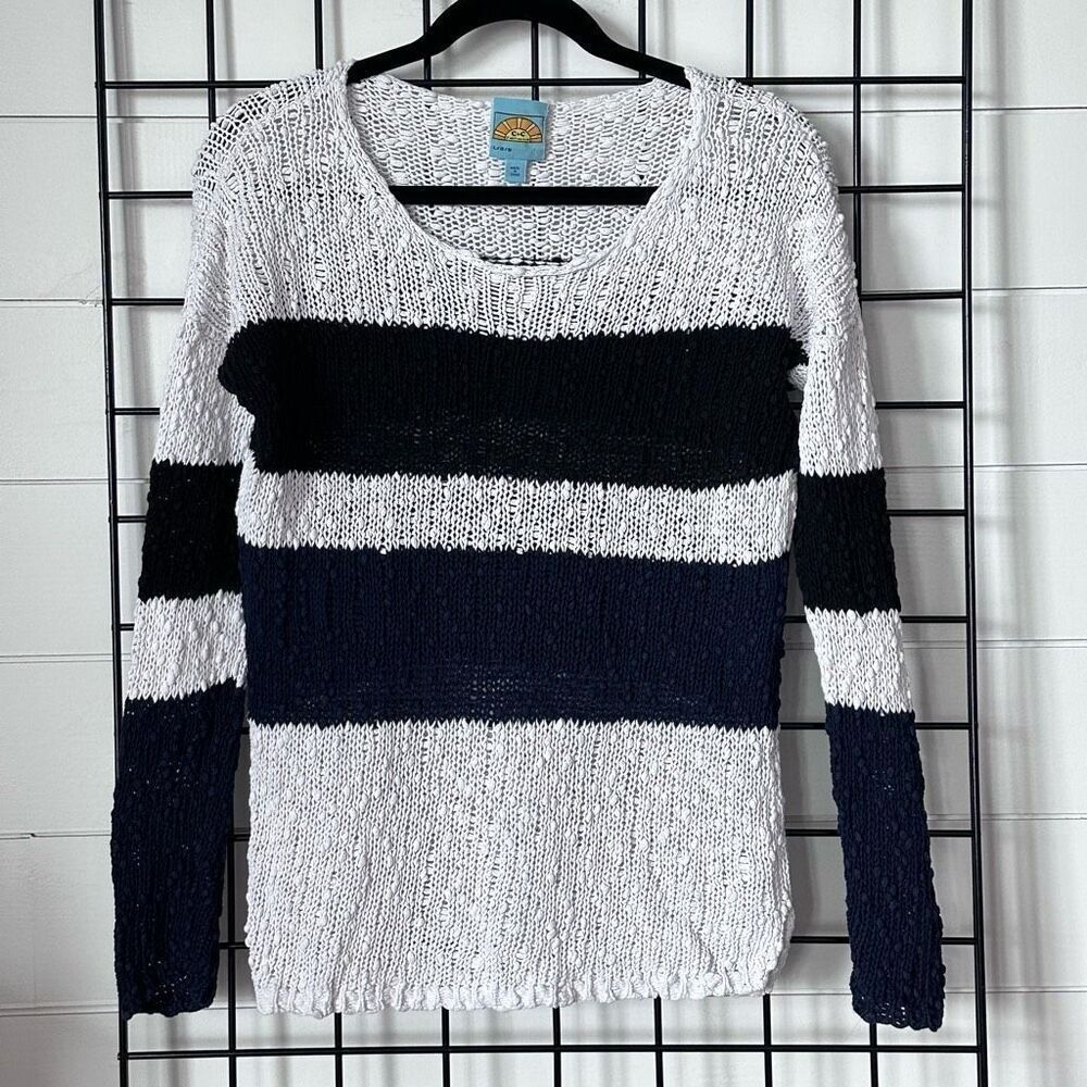 C&C‎ California Open Knit Color Block Sweater Womens L White Black Blue